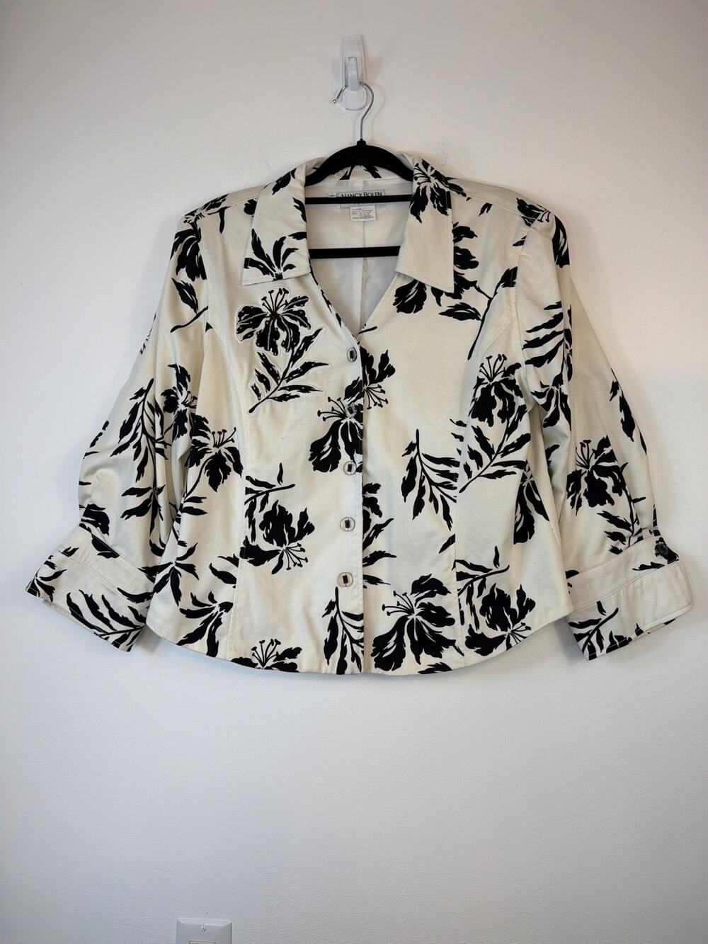 Nancy Bolen City Girl 12P Jacket Floral  Beaded Button-Up Blouse Black White
